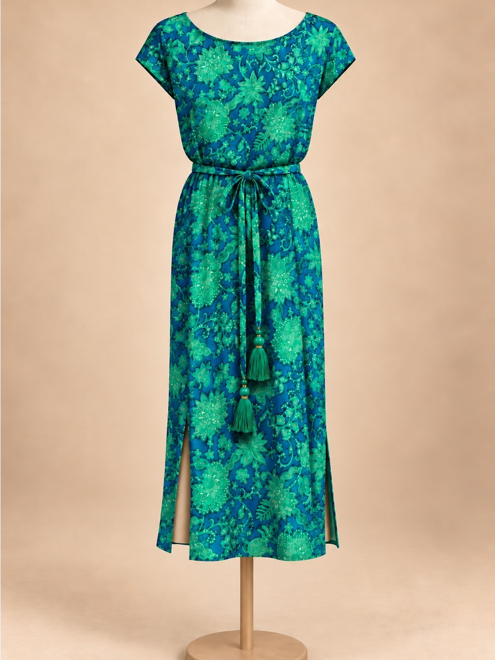J. Jill Green and Blue Floral Maxi Dress with Tie Waist